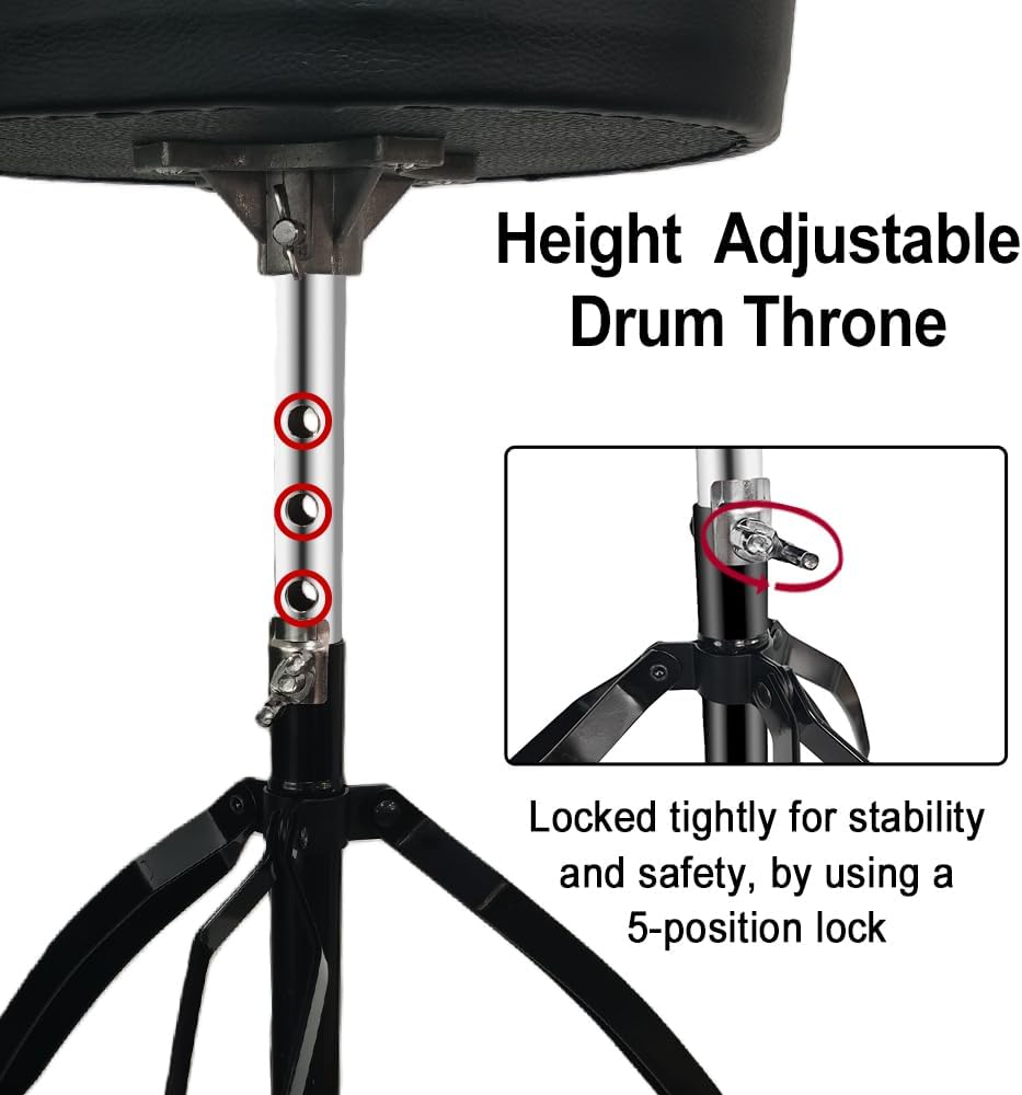 Drum Throne Seat Adjustable-Height with Padded Seat Double-Braced Legs Non-Sl...