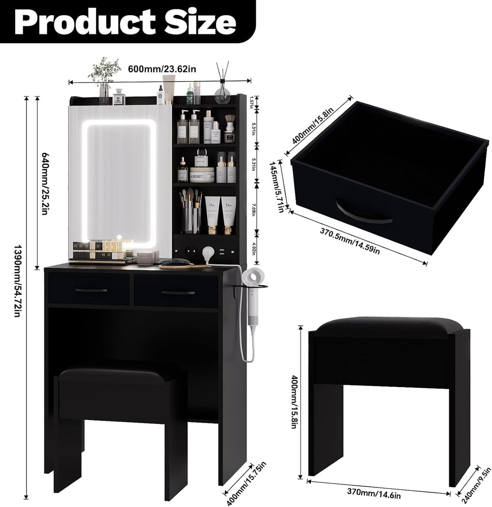 Black Makeup Vanity Desk with Mirror and Lights, Vanity Table Set with Chargi...