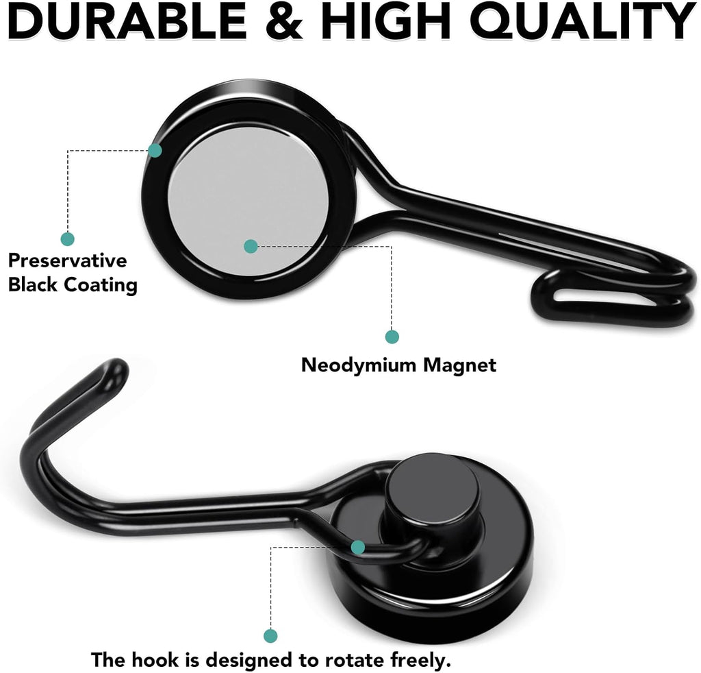 MIKEDE Magnetic Hooks, 40Lbs Heavy Duty Neodymium Magnet Hooks Black Magnets with Swivel Hooks for Hanging, Rust Proof Strong Magnets Hook, Magnetic Metal Hanger for Fridge, Storage, 6 Pack