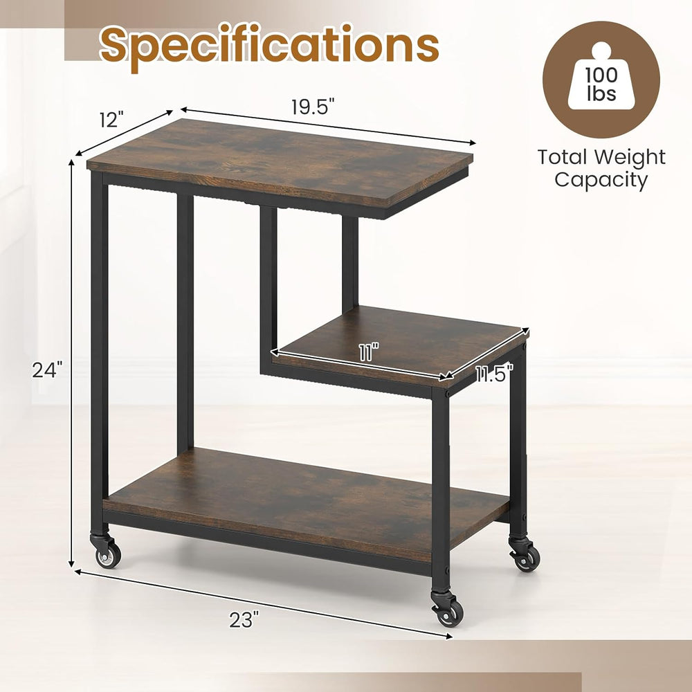GOFLAME G-Shaped End Table, 3-Tier Sofa Side Table with Wheels, Open Shelves,...
