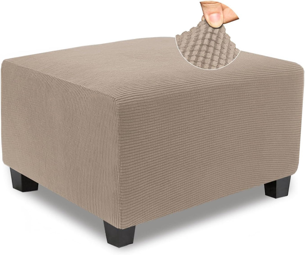 NeColorLife Stretch Ottoman Cover Square Soft Knitted Jacquard Washable Thick Storage Foot Stool Cover for Square and Rectangle Ottomans Khaki Large