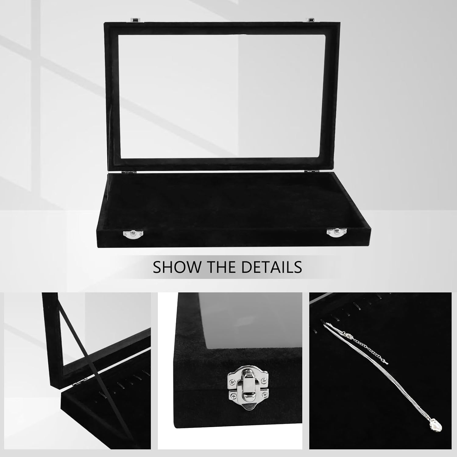 Wudygirl Jewelry Organizer Necklace Organizer Box 20 Hooks Necklaces Holder Display Case Black Velvet Jewelry Organizer with Clear Lid(Black Necklace Tray)