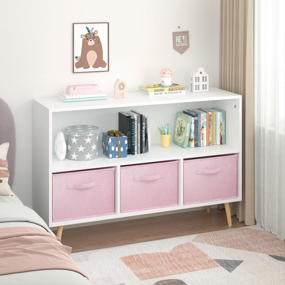 2-Tier Bookcase Bookshelf with Collapsible Fabric Drawers,Cute Book Display S...