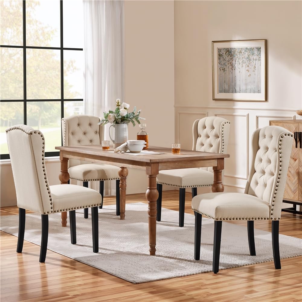 Yaheetech Upholstered Dining Chairs Set of 4 Button Tufted Chairs Beige