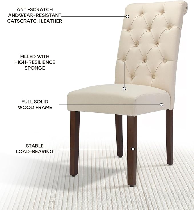 Dining Chairs Set of 4, Button Tufted Parsons Upholstered Chairs with Solid Wood Legs, Mordern Fabric Kitchen Chairs for Dining Room, Beige