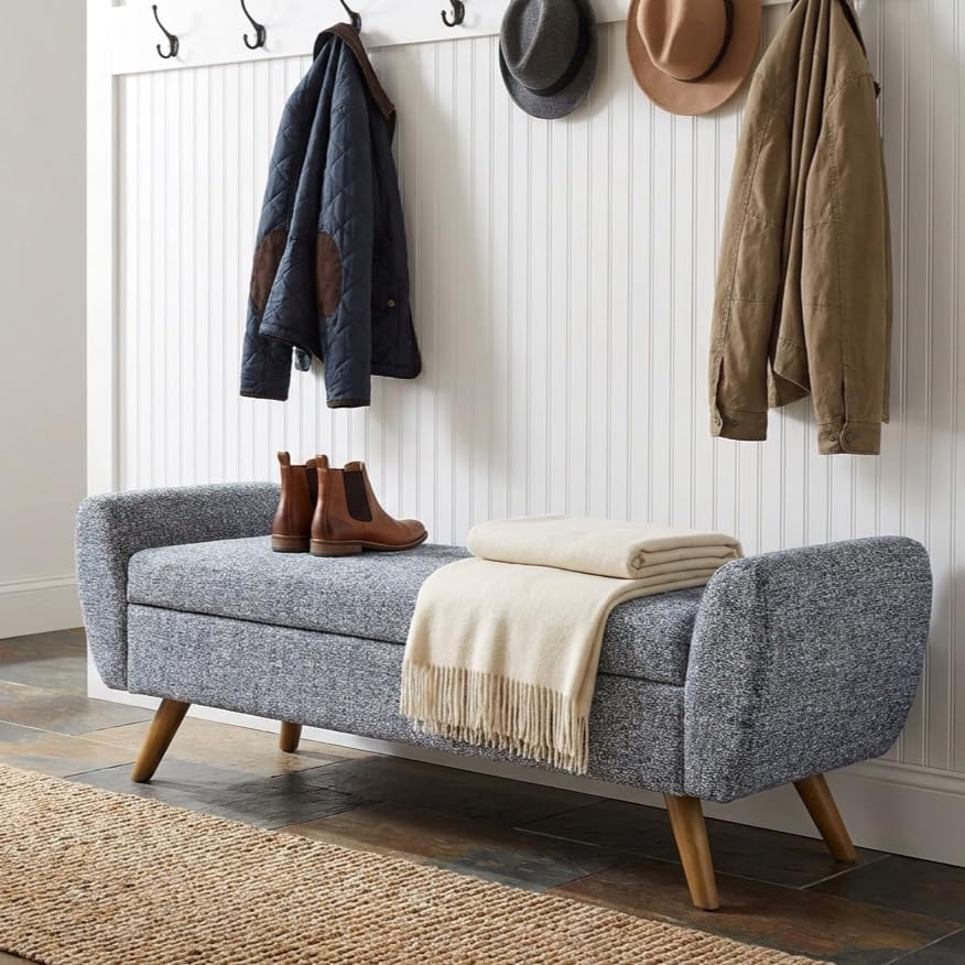 HomePop 60" Modern Storage Bench with Wood Legs - Blue Gray Woven Fabric