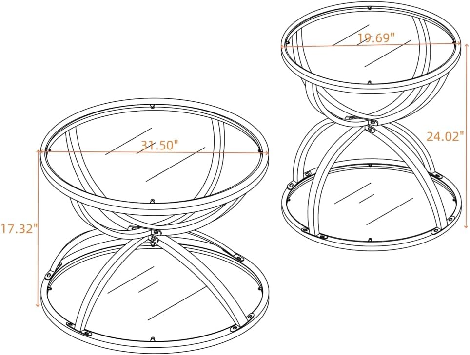 Round Coffee Table Set of 2, Gold Metal Frame with Clear Tempered Glass | Rin...