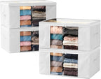 Clothes Storage Bags, Foldable Thick Fabric Blanket Storage Bags, Large Clear Window & Carry Handles, Great for Clothes, Blankets, Closets, Pillows, Toys (White, 4PACK)