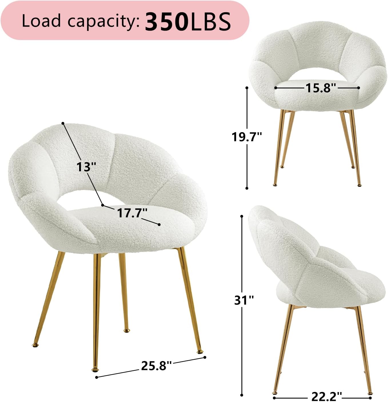 Petal Makeup Vanity Chair with Back,Modern Dining Chair,Upholstered Desk Chair for Girls with Gold Metal Legs for Home Office,Bedroom, (White)