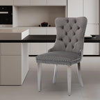 Velvet Upholstered Dining Chairs Set of 6, Modern Style Kitchen Side Chairs with Nailhead Trim and Silver Plated Leg, Metal Pulling Ring for Dining Room Living Room(Gery-Silver Plated Leg)
