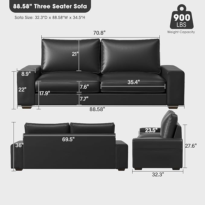 Faux Leather Couch, Mid Century Modern Comfy Loveseat Sofa with Wide Arm, Side Pockets, Solid Wooden Frame for Office, Living Room and Bedroom, 3 Seater (Black, 88.58 inches)