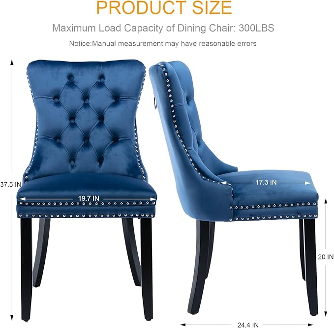 Velvet Dining Chairs Set of 2, Tufted Upholstered Dining Room Chairs with Back Ring Pull, Nailhead Trim and Solid Wood Legs, Modern Dining Chairs for Dining Room, Kitchen(Blue)