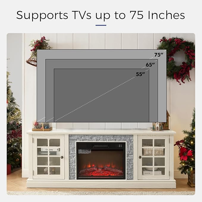 TV Stand with Electric Fireplace & Storage Cabinet, Entertainment Center with 2 Glass Door, Faux Stone Media Console Table for Living Room (White,70" with Fireplace)