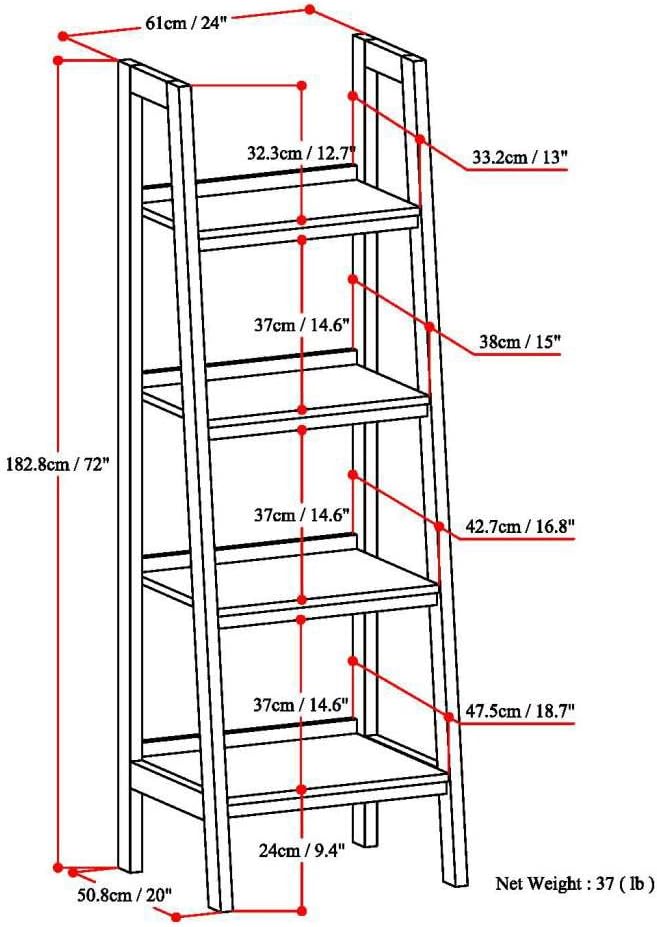 SIMPLIHOME Sawhorse SOLID WOOD 24 Inch Modern Industrial Ladder Shelf in Distressed Grey, For the Living Room, Study Room and Office
