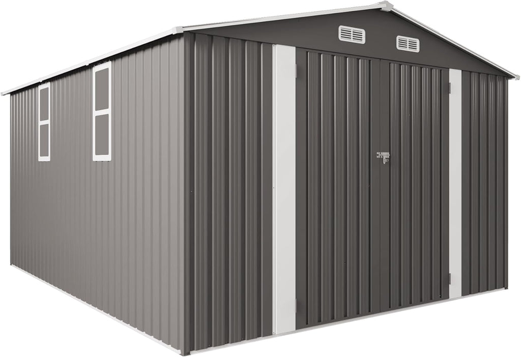 Metal Storage Shed, 10 X 12 FT Lockable Outdoor Tool Shed with Air Vent and Clear Windows, Galvanized Steel Garden Shed for Backyard, Patio, Garden, Bike Storage or Outdoor Use, Grey