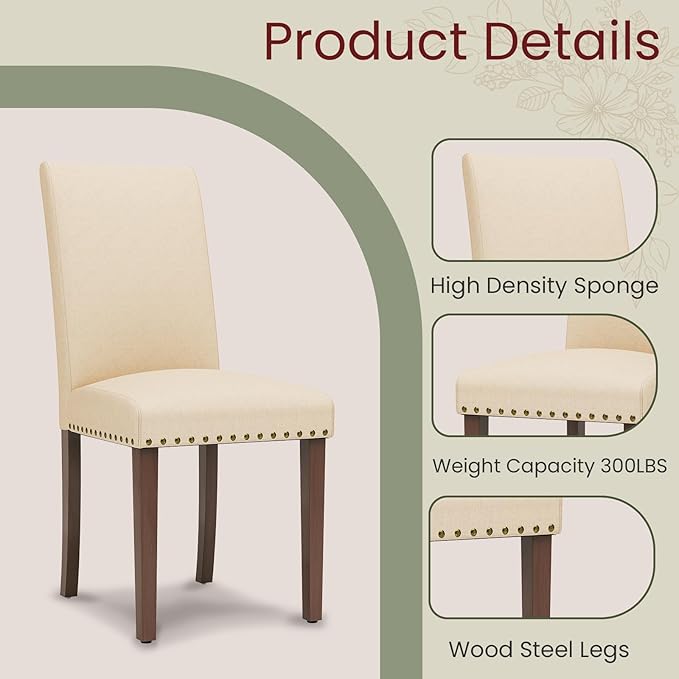 TLSUNNY Upholstered Dining Chairs Set of 2/4, Tufted Parsons Design with Nail Head Trim, Solid Wood Legs and Padded Seat, Comfortable Fabric for Dining Room, Kitchen (Beige, Set of 2)