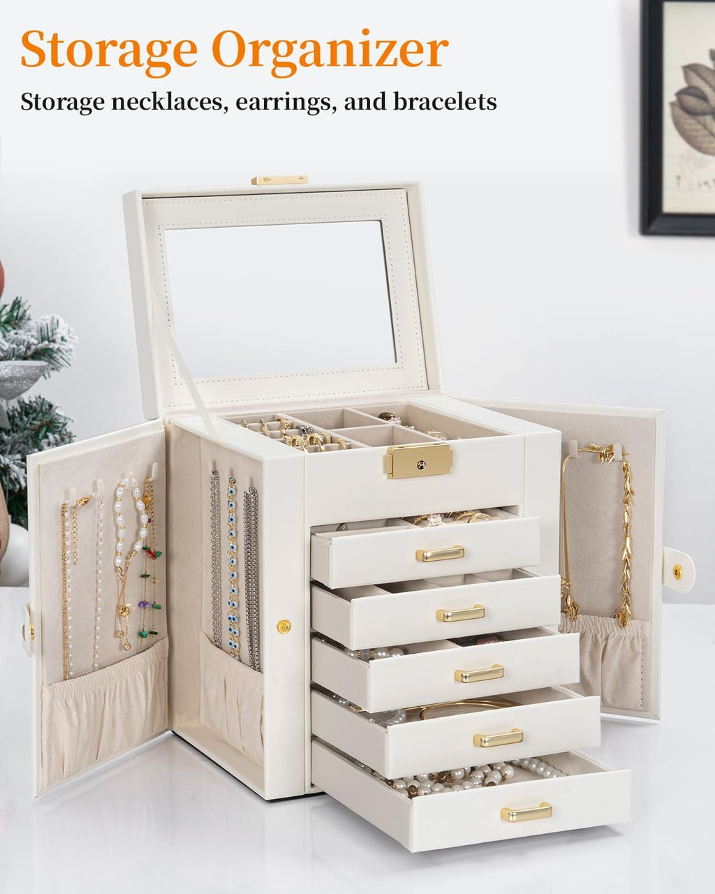 TORIBIO Large Jewelry Box for Women, Leather Jewelry Organizer with Mirror & Lock, 6-Tier Jewelry Storage Case for Girls/Women/Mothers, Necklace Earring Bracelets Holder Organizer