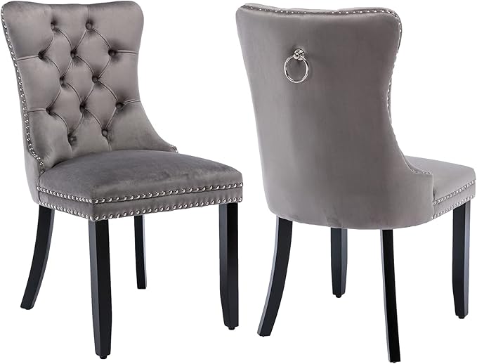 Modern Dining Chairs Set of 2, Tufted Upholstered Dining Chair with Solid Wood Legs, Grey Velvet Accent Chair, Sillas de Comedor, Comfy Kitchen Chairs (Gray, Velvet, 2Pcs)