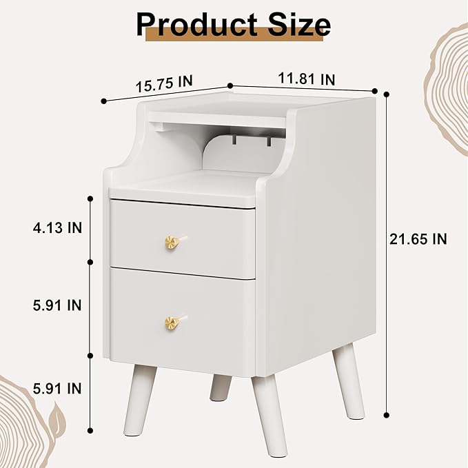 Narrow Nightstand, Solid Wood Night Stand with 2 Drawers, Black Mid Century Modern Nightstand, Small Beside Table with Open Storage Shelf for Bedroom（12 inch