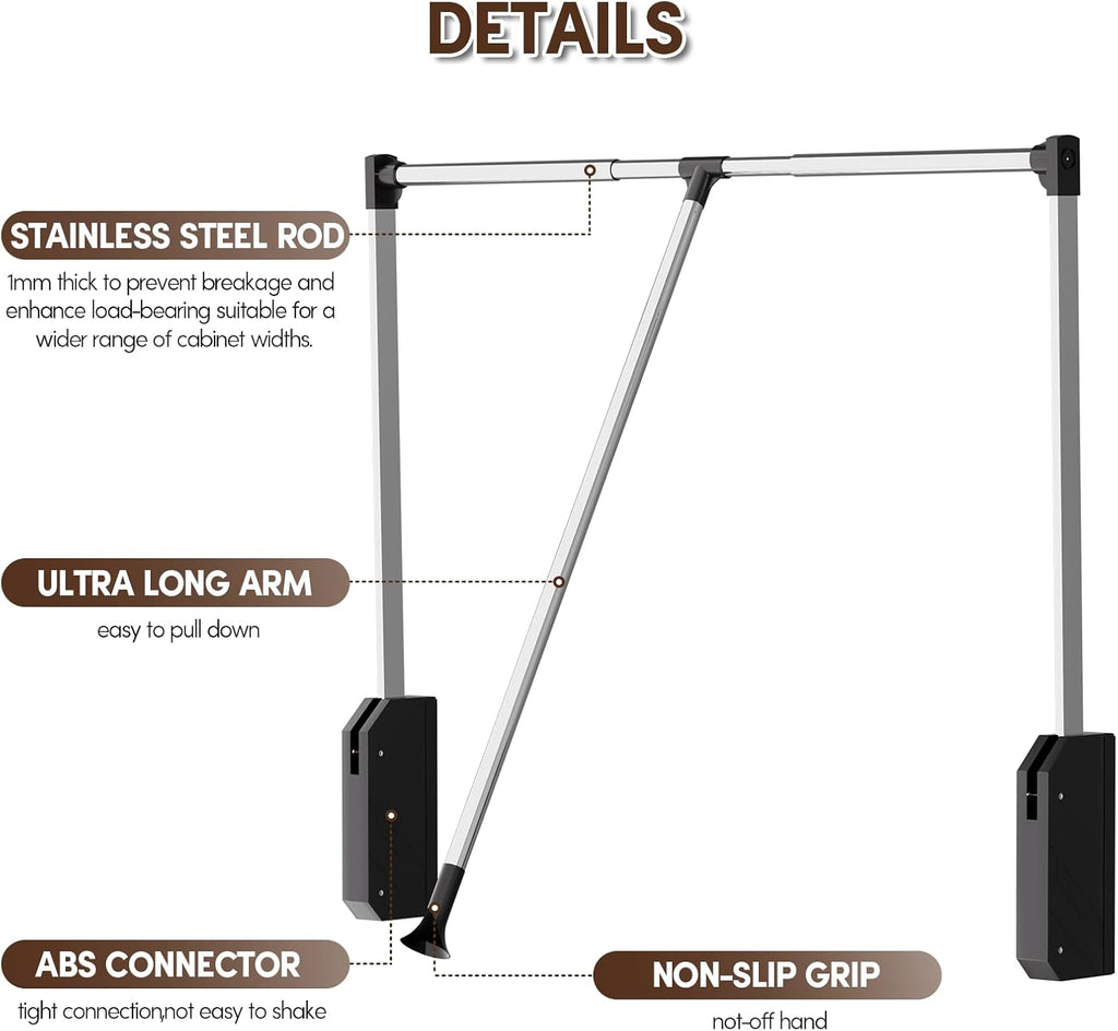 Pull Down Closet Rod, 33 lbs Load Capacity Stainless Steel Clothes Hanging Rod, Adjustable 33-45 Inch Soft-Close Wardrobe Lift Rail Organizer for Bedroom Laundry Room