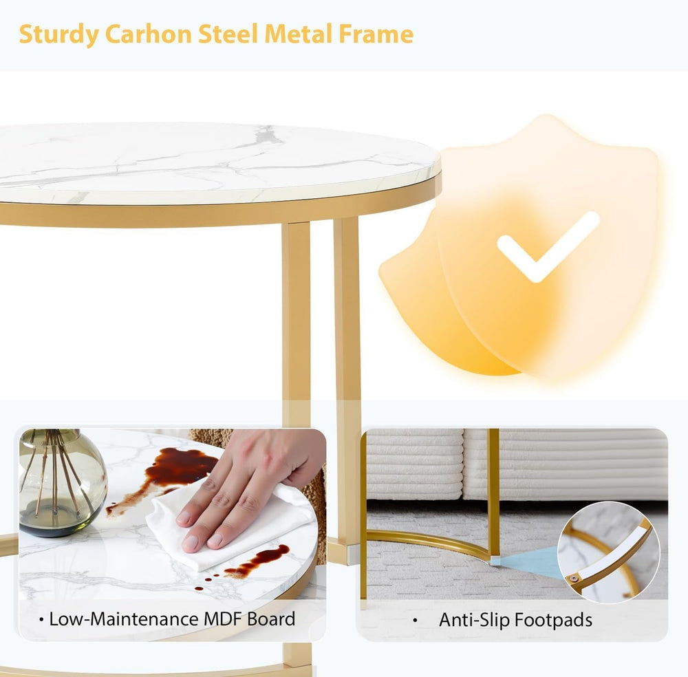 Nesting Coffee Table Set of 2, Round Coffee Table w/Marble Pattern Top, Moder...