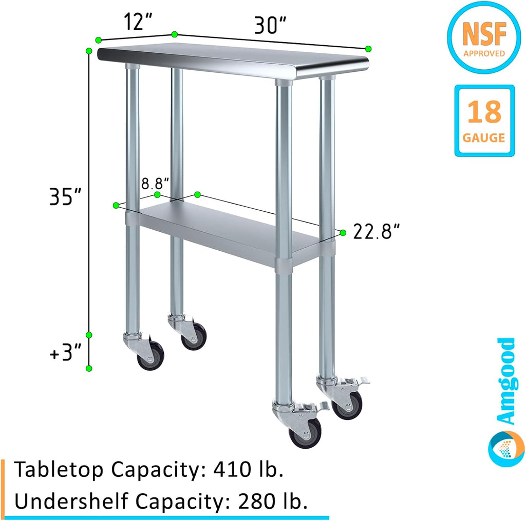 AmGood 30" x 12" Stainless Steel Work Table with Casters | Heavy Duty Metal Utility Table On Wheels | Kitchen Island Cart