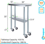 AmGood 30" x 12" Stainless Steel Work Table with Casters | Heavy Duty Metal Utility Table On Wheels | Kitchen Island Cart