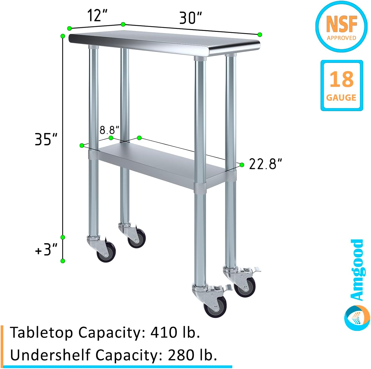 AmGood 30" x 12" Stainless Steel Work Table with Casters | Heavy Duty Metal Utility Table On Wheels | Kitchen Island Cart