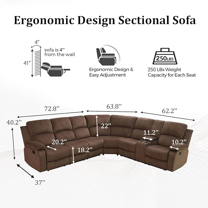 Manual Recliner Sectional Sofa Set, Fabric L-Shaped Living Room Furniture Sets, Reclining Sectional Corner Couch with Drop-Down Table/Storage Console/Cup Holders for Home Office (Brown, Sectional)