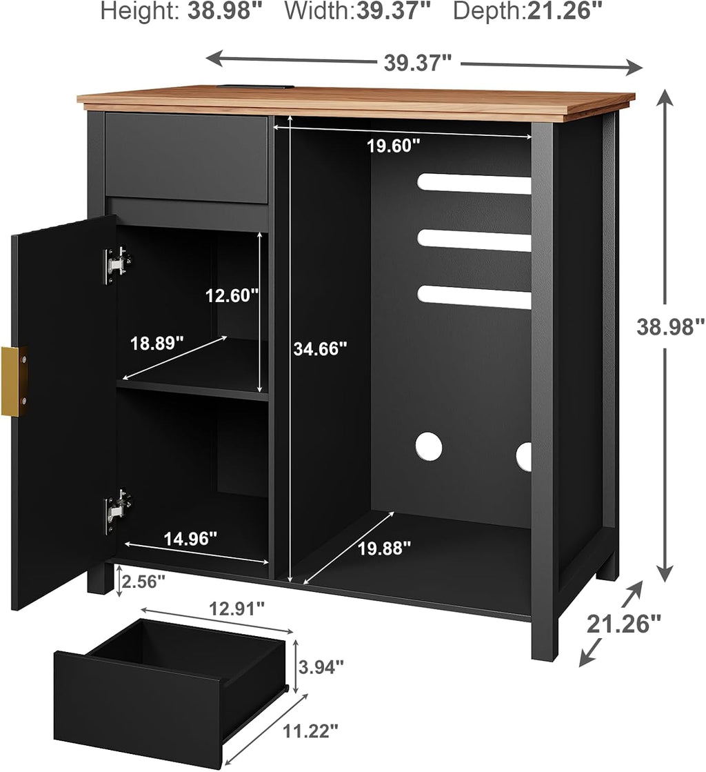Mini Fridge Cabinet with Charging Station, Modern Fluted Coffee Bar Cabinet with Beverage and Wine Storage, Compact Coffee Bar with Mini Fridge Space for Kitchen, Dining Room or Living Room