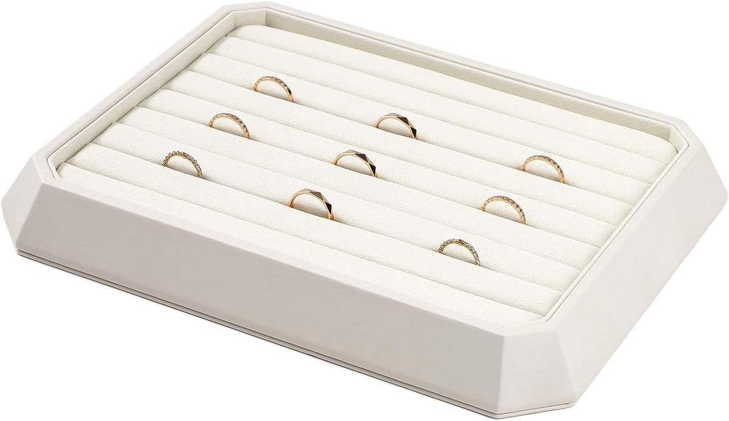 Premium PU Leather Stackable Jewelry Ring Display Tray Ring Earring Display Holder Organizer Showcase(Beige)