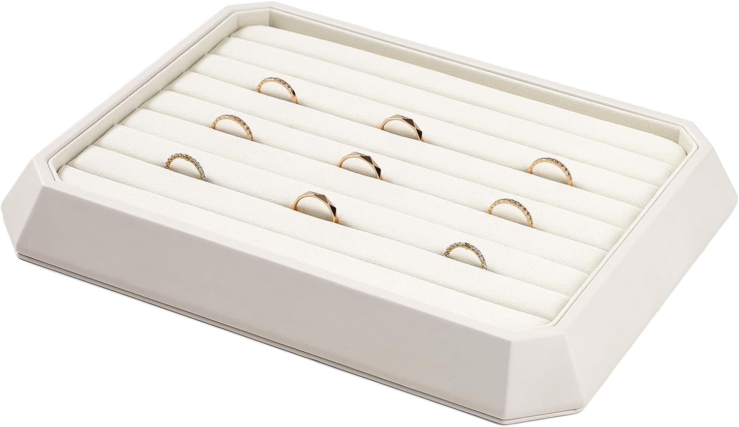 Premium PU Leather Stackable Jewelry Ring Display Tray Ring Earring Display Holder Organizer Showcase(Beige)