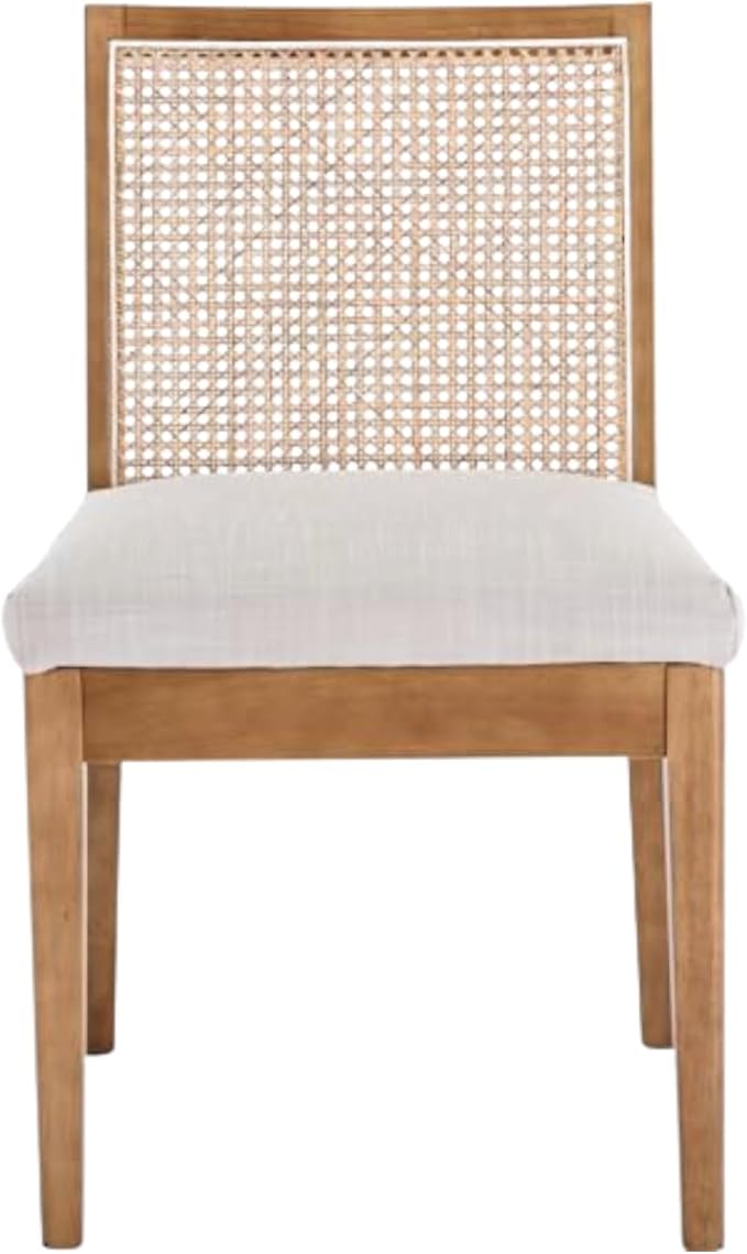 Farmhouse Rattan Dining Chairs Set of 2, Cream Linen Upholstered with Cane Back, Comfortable Side Wood Chairs for Dining Room/Kitchen/Living Room/Restaurant