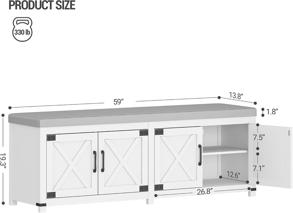 Hzuaneri 59" Shoe Storage Bench, with Soft Padded Seat Cushion & Doo...