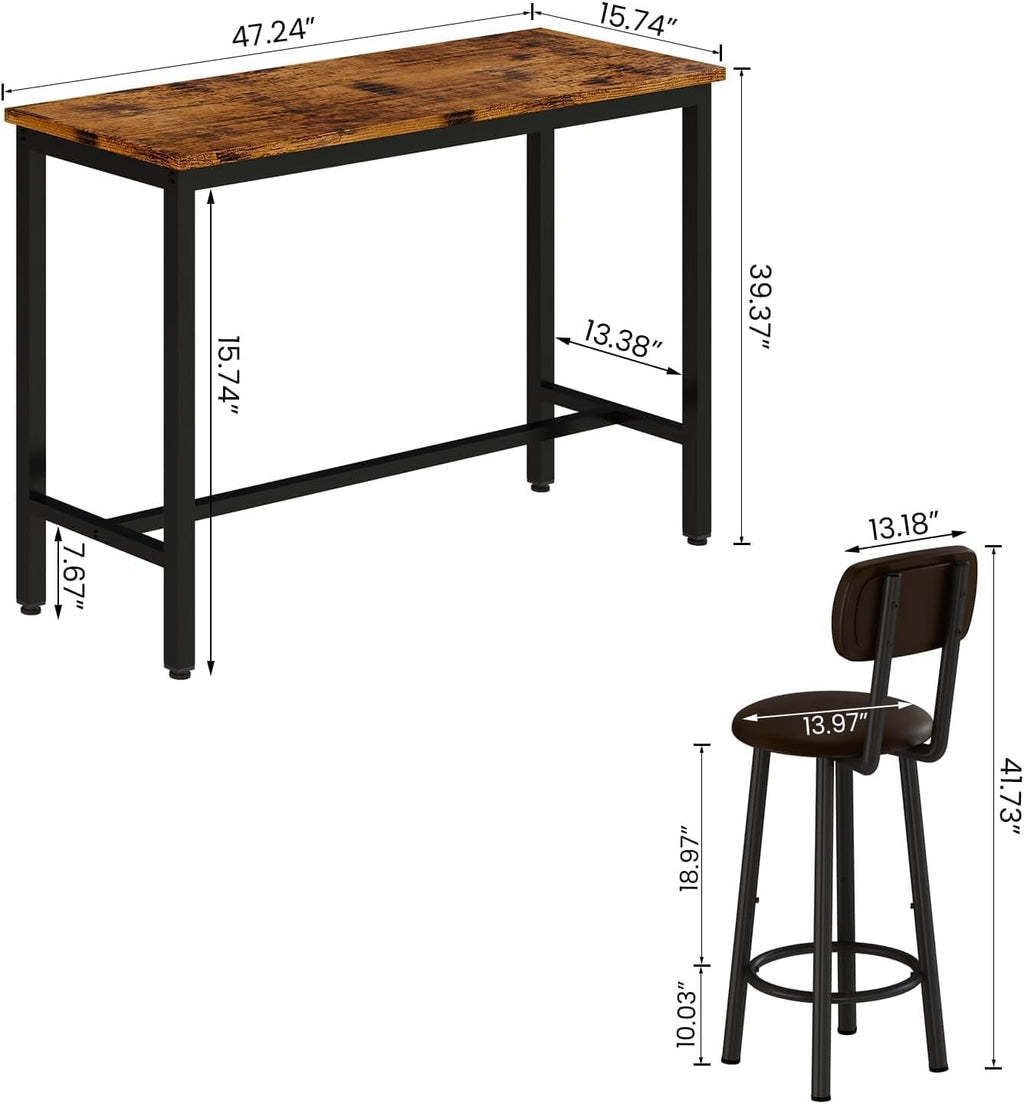 AWQM Bar Table Set of 2, Industrial Bar Table and Chairs Set of 2,3 Piece Bar Height Table with 2 Backrests Stools,Small Kitchen Table for 2,Small Space,Brown & Black