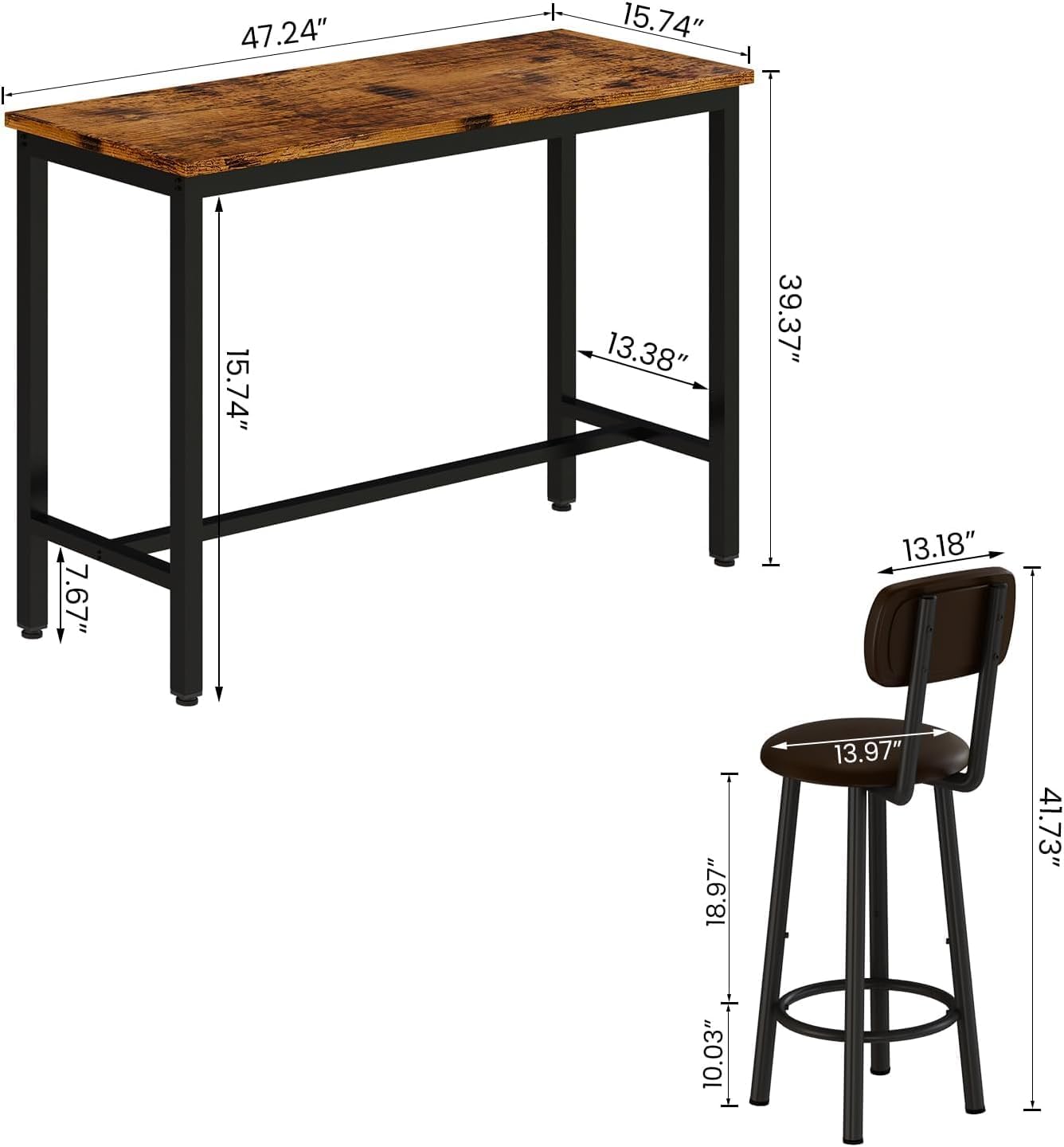 AWQM Bar Table Set of 2, Industrial Bar Table and Chairs Set of 2,3 Piece Bar Height Table with 2 Backrests Stools,Small Kitchen Table for 2,Small Space,Brown & Black