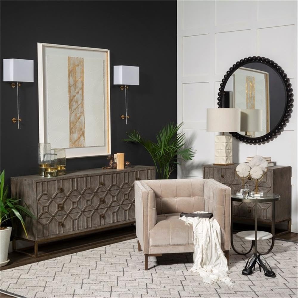 Pemberly Row Round Glass Top End Table, Gold Metal Frame with Marble Shelf, 2...