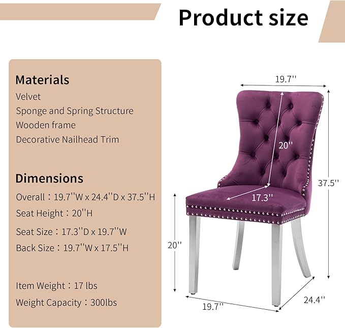 Luxury Upholstered Dining Chairs Set of 8, Purple Kitchen Chair with Silver Metal Legs, Velvet Tufted Back Dining Chair, Sillas de Comedor, Modern Kitchen & Dining Room Chairs (Purple, 8 Pcs)