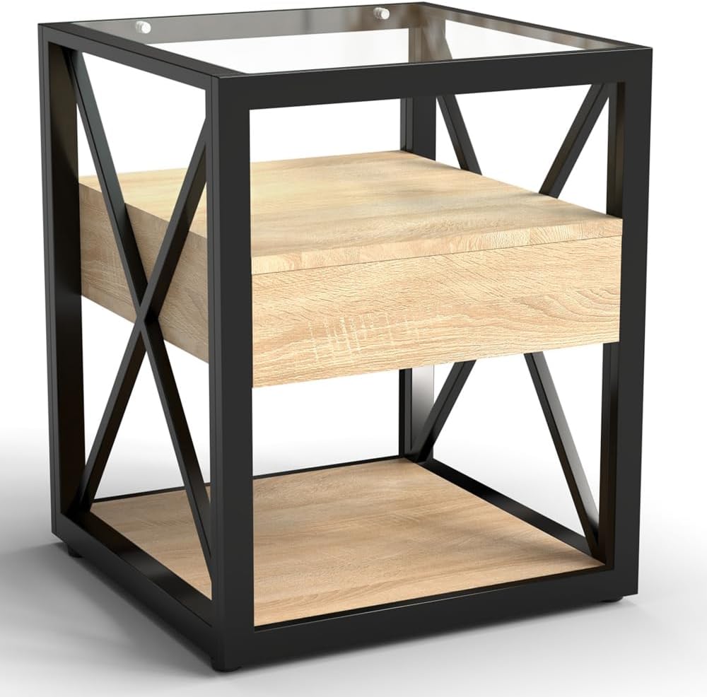 End Table Set of 2, Natural Wood MDF with Tempered Glass Top and Drawer | Ind...
