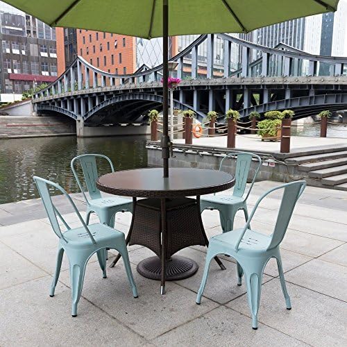 Devoko Metal Indoor-Outdoor Chairs Distressed Style Kitchen Dining Chairs Stackable Side Chair with Back Set of 4 (Blue)