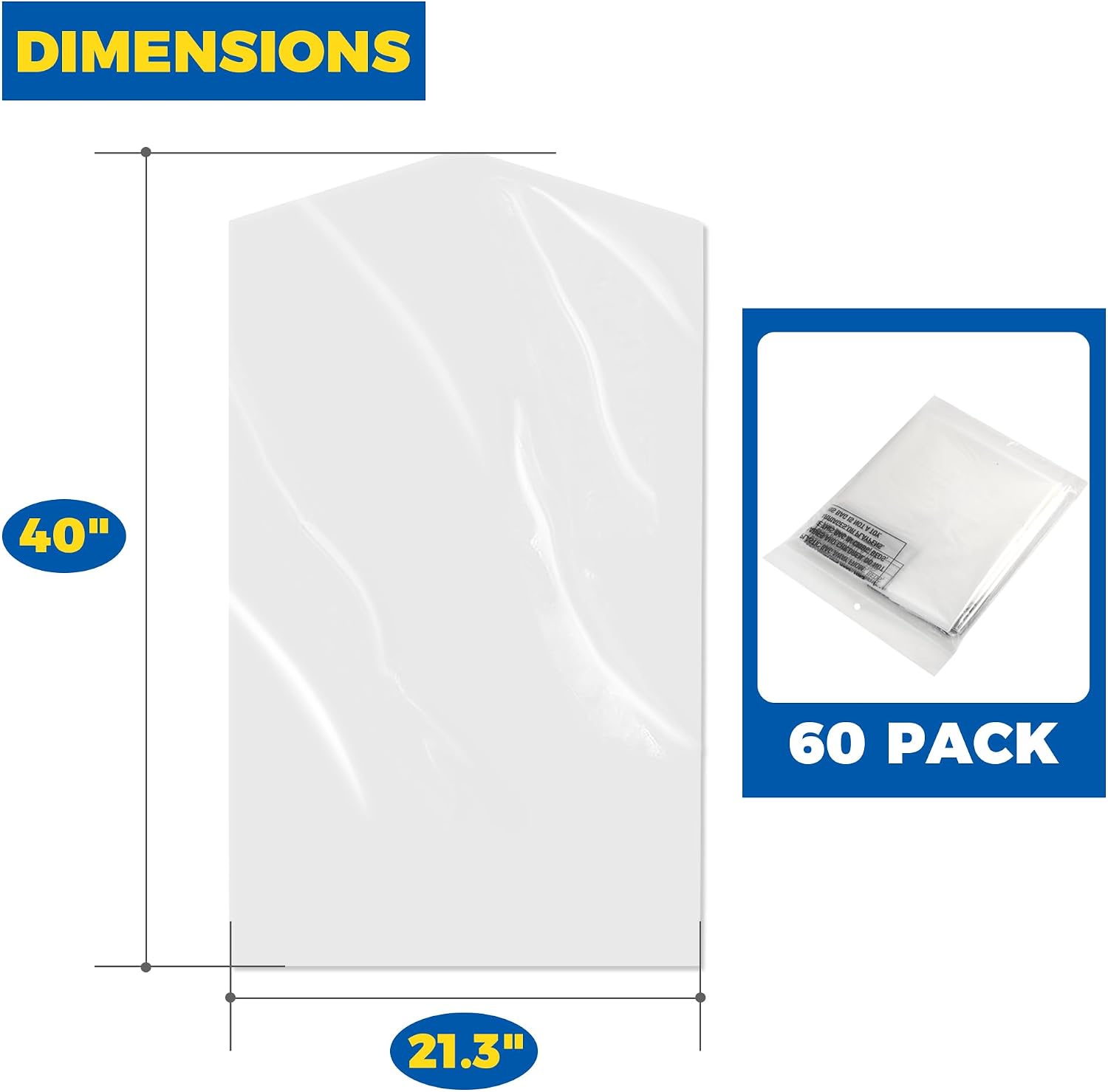60-Pack Dry Cleaning Bags for Clothes 40-Inch Long - Clear Plastic Garment Bags for Hanging Clothes, Dry Cleaner Plastic Clothing Cover for Suits, Coat, Shirt, & Pants
