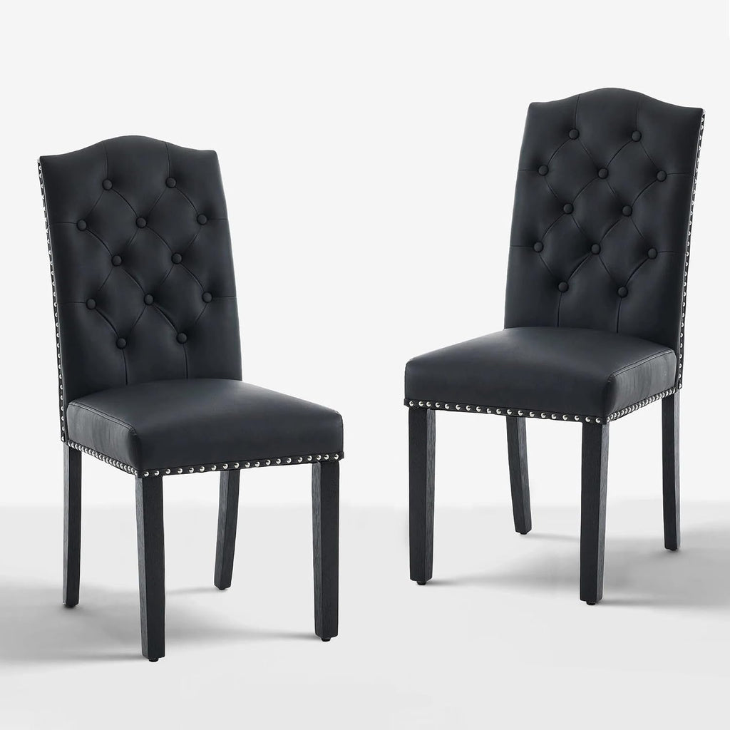 Kosydown Dining Chairs Set of 2, Modern Upholstered Dining Room Chairs with Button-Tufted Back, Waterproof Faux Leather Side Chairs with Solid Wood Legs, 330lb Capacity Kitchen Chairs, Black