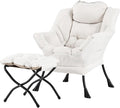 Welnow Lazy Chair with Ottoman, Modern Reading Lounge Accent Chair with Armrests and a Side Pocket, Leisure Upholstered Lazy Sofa Set with Footrest for Small Space, Beige