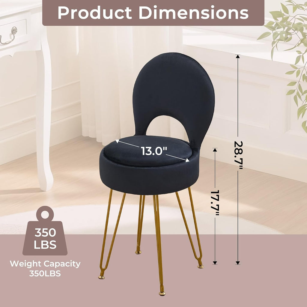 Velvet Black Small Vanity Chair & Stool - 13" Dx13 W Folding Back Storage Ottoman, Anti-Slip Golden V-Leg for Bedroom Makeup Room