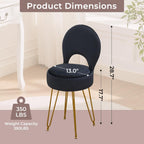 Velvet Black Small Vanity Chair & Stool - 13" Dx13 W Folding Back Storage Ottoman, Anti-Slip Golden V-Leg for Bedroom Makeup Room