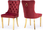 Velvet Upholstered Dining Chairs Set of 2, Modern Style Kitchen Side Chairs with Nailhead Trim and Gold Plated Leg, Metal Pulling Ring for Dining Room Living Room(Wine Red-Gold Plated Leg)