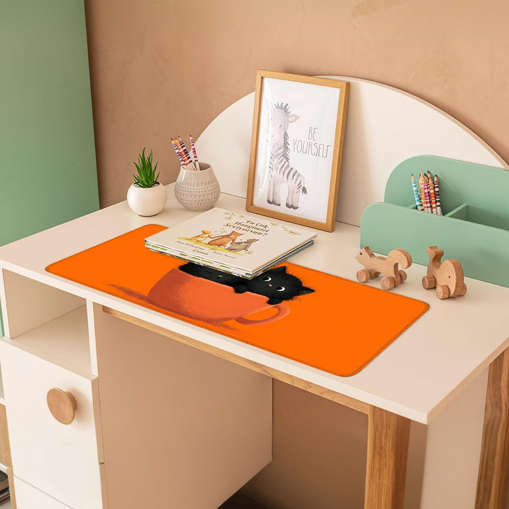Large Cute Black Cat Mouse Pad, Extended Desk Mat with Non-Slip Base – 31.5 x 11.8 in – Cartoon Kittens in Orange Cup Design, Stitched Edges, Waterproof Gaming Keyboard Pad for Office & Home