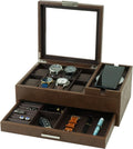 Men's Jewelry Box Organizer - 8 Watch Slots Valet Tray with Drawer for Watch, Phone, Wallet, Ring, Cufflink - Brown