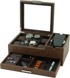 Men's Jewelry Box Organizer - 8 Watch Slots Valet Tray with Drawer for Watch, Phone, Wallet, Ring, Cufflink - Brown