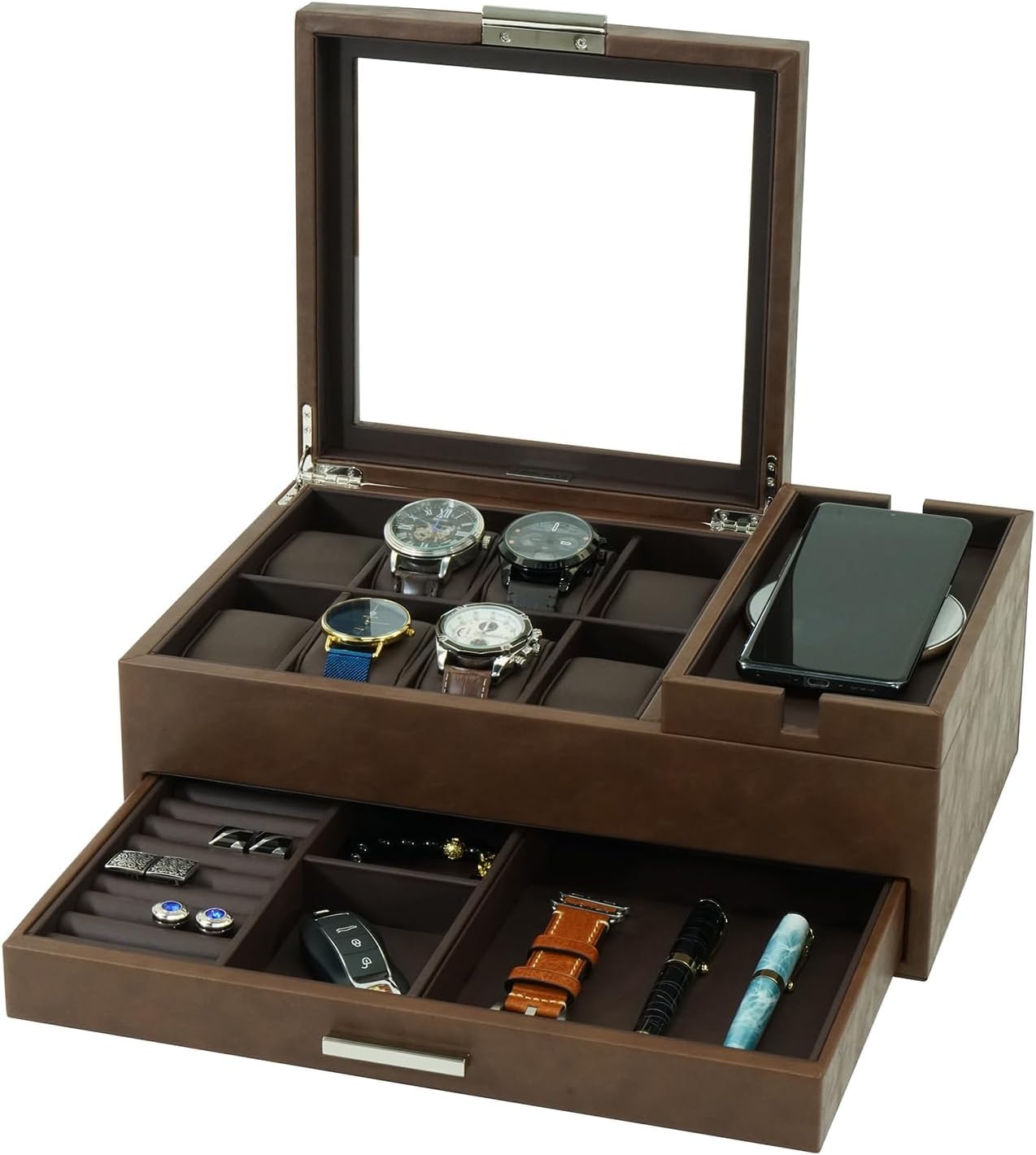 Men's Jewelry Box Organizer - 8 Watch Slots Valet Tray with Drawer for Watch, Phone, Wallet, Ring, Cufflink - Brown